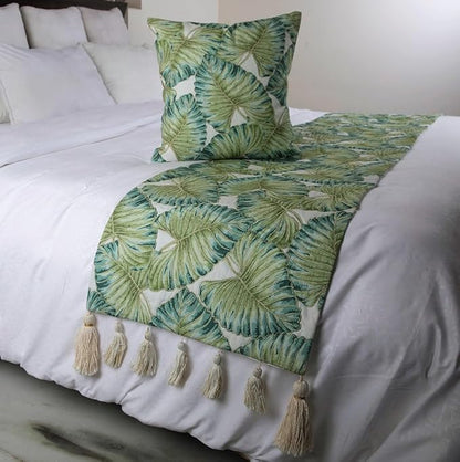 The HomeCentric Decorative Designer Handmade Bed Runner with Decorative Throw Pillow Cover, 90 x 18 Inch Designer King Size Bed Scarf in Printed Linen & Embroidery Bed Linen - Tropical Feeling
