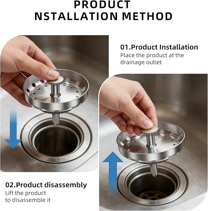 Kitchen Sink Strainer Basket, Stainless Steel, 3-1/2 Inch Drain Stopper Combo - Image 4