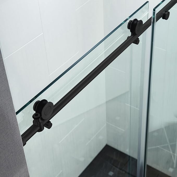 Woodbridge Frameless Single Sliding Shower Doors in Matte Black Finish - Image 12