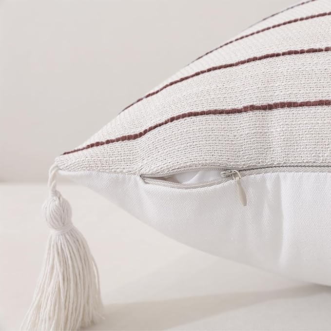 Boho Throw Pillow Covers 20x20 Inch Set of 2, Wine Red Textured Linen Striped Square Pillow Covers with Tassels, Soft & Cozy Farmhouse Décor Pillow Cases for Sofa Couch Bed Living Room Thanksgiving