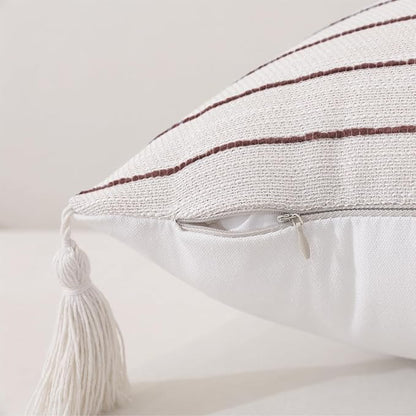 Boho Throw Pillow Covers 20x20 Inch Set of 2, Wine Red Textured Linen Striped Square Pillow Covers with Tassels, Soft & Cozy Farmhouse Décor Pillow Cases for Sofa Couch Bed Living Room Thanksgiving