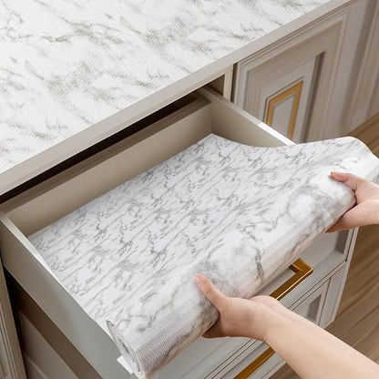 Shelf and Drawer Liner for Kitchen Cabinets Non-Adhesive, Strong Grip Non-Slip Thickened Cabinet Liners for Shelves, Waterproof Mats for Dresser Cupboard, Marble, 12 in x 10 Feet