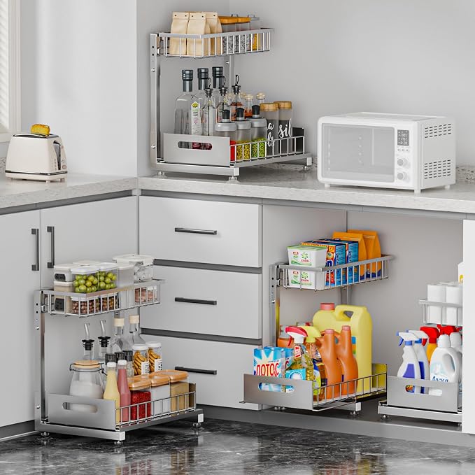 L-Shaped Under Sink Organizer, 2-Tier Pull Out Metal Kitchen Cabinet Organizer - Image 3