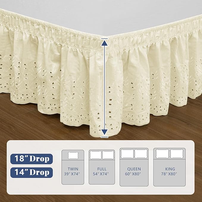 King Bed Skirt, Wrap-Around Elastic Ruffled Eyelet Bed Skirt King Size Dust Ruffle with Gathered Styling and Embroidered Details, 18" Drop Length (Light Yellow)