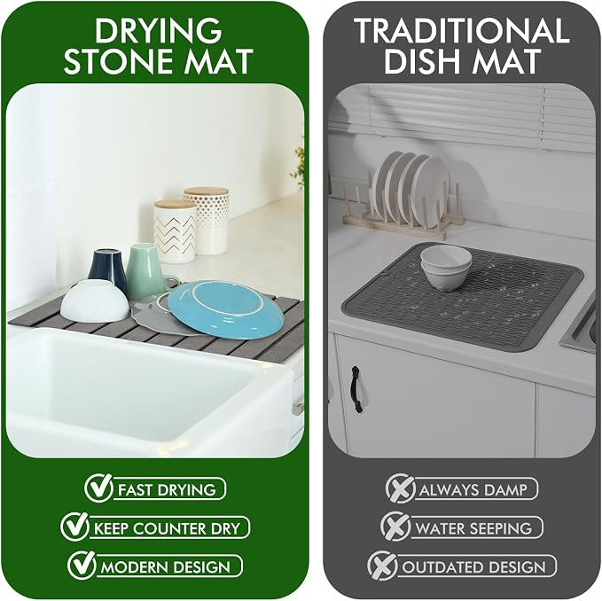 Stone Dish Drying Mat for Kitchen Counter, Large Dark Gray Foldable - Image 6