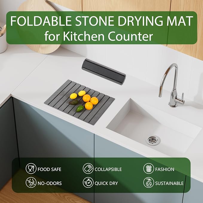Stone Dish Drying Mat for Kitchen Counter, Large Dark Gray Foldable - Image 8
