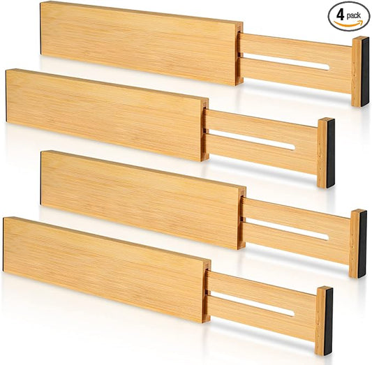 4 Pack Bamboo Drawer Dividers, Adjustable Length from 12 Inch to 17 Inch by BESHOF