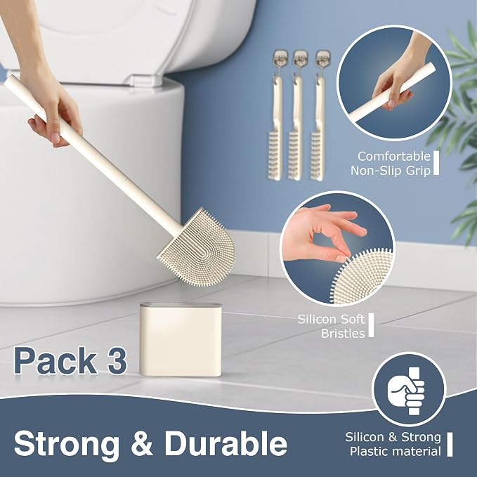 3 Pack Silicone Toilet Brushes & Holders– Includes 3 Crevice Brushes - Image 4
