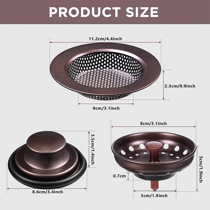 Mudder 3 Pcs Kitchen Sink Drain Strainer and Stopper Stainless Steel Garbage - Image 2