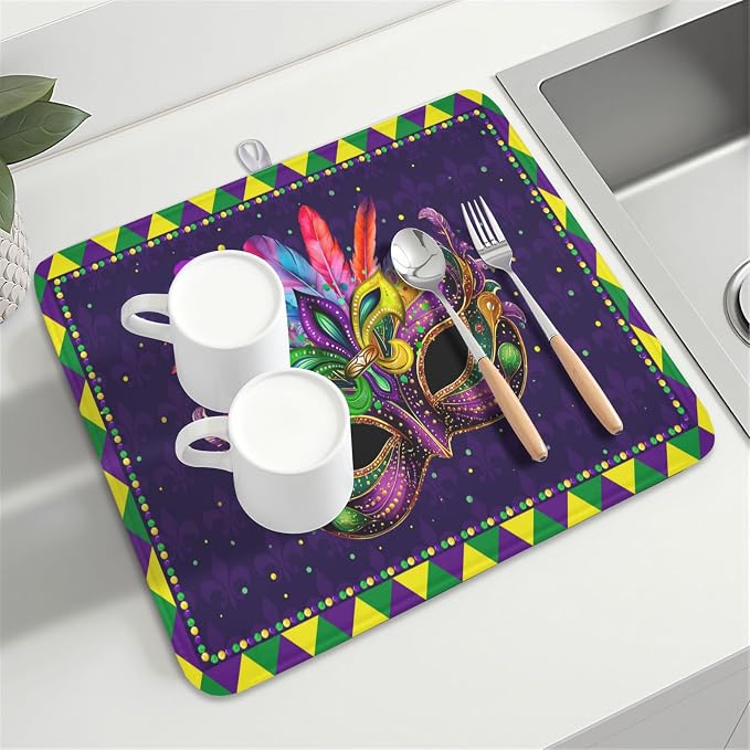 Mardi Gras Dish Drying Mat for Kitchen Counter Masquerade Mask Feather Dishes - Image 8