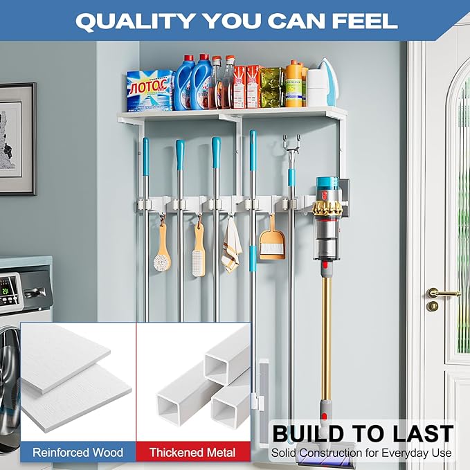 Broom Holder Wall Mount with Cleaning Supplies Organizer, Laundry Room - Image 7