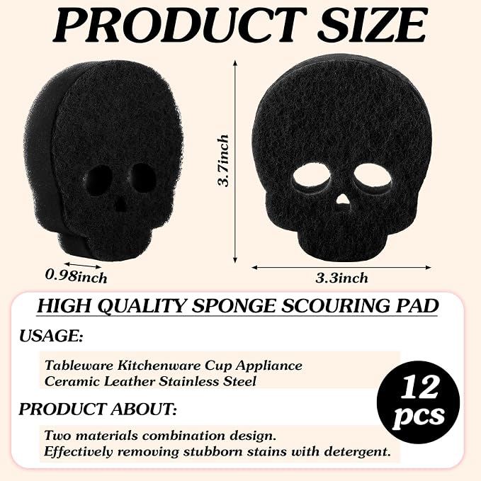 Tioncy 12 Pack Skull Sponges Bulk Gothic Dual Sided Scrubber Black Skull - Image 3