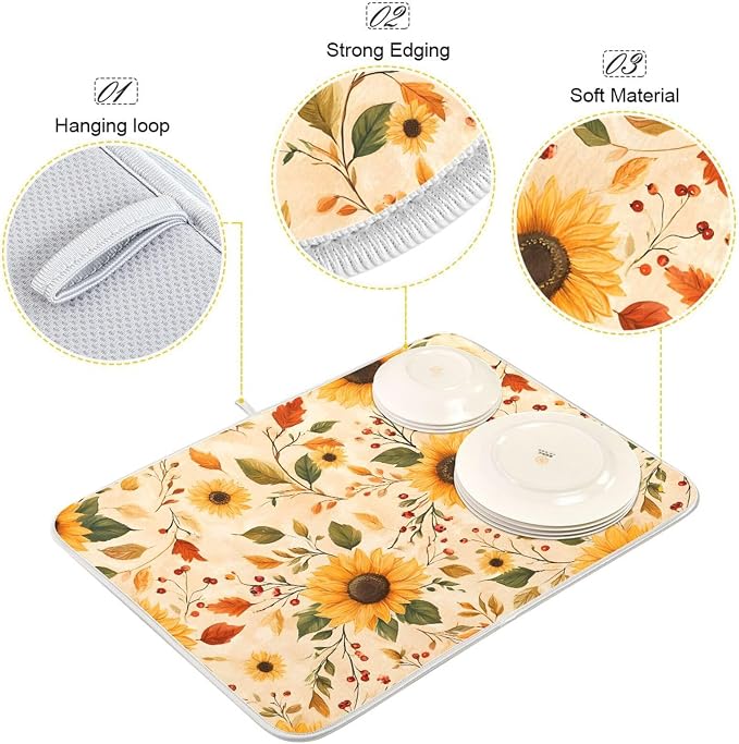 Watercolor Sunflowers Autumn Leaves Dish Drying Mat - Image 4