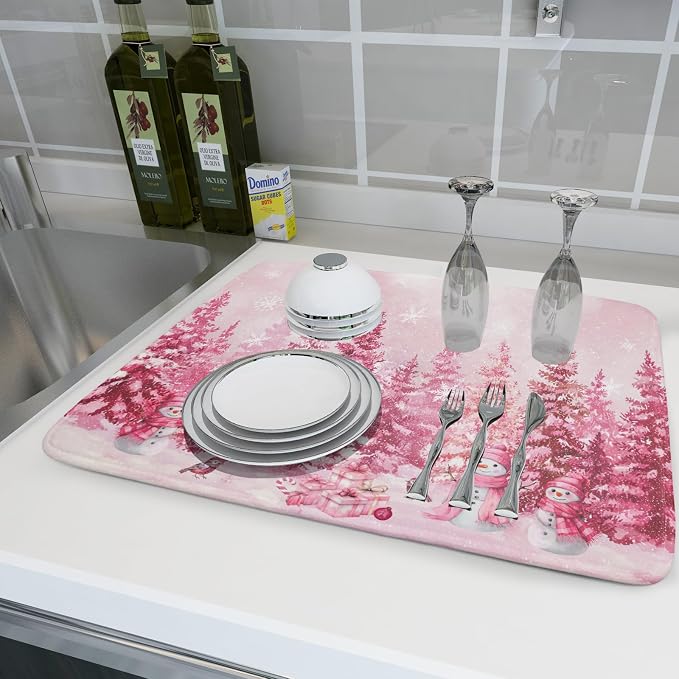 Pink Forest Dish Drying Mat Snowman Washable Drying Matt Kitchen Counter - Image 6
