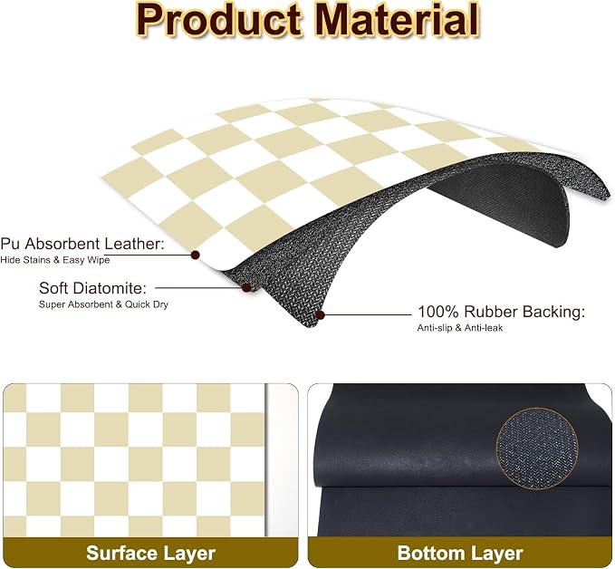 Dish Drying Mat for Kitchen Counter, 16.5’’ X 27.6’’ Checkered Large Coffee - Image 2