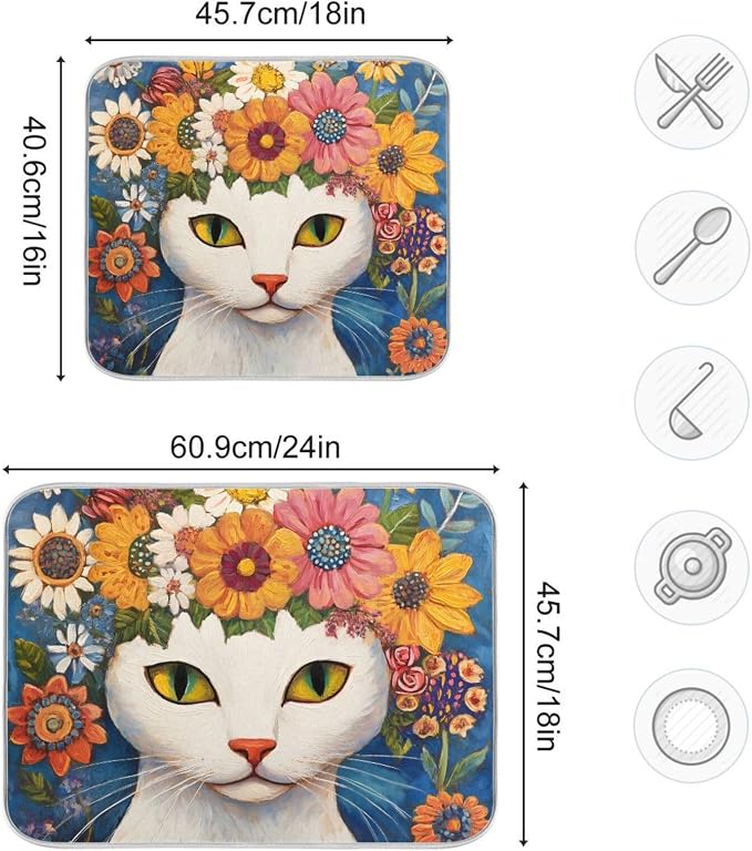White Cat Colorful Flowers Pattern Dish Drying Mat - Image 3