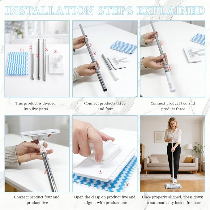 Snap Grip Mini Mop, Zero Touch MiniMop, Disposable Clip Mopstick Reusable Cloths - Image 3