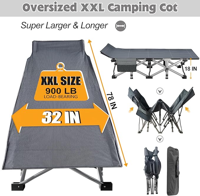 ABORON 2PK XXL Camping Cot for Adults 900LBS - 78"×32" Oversized Folding Bed with Mattress Pad, Heavy Duty 1200D Oxford Outdoor Cot with Carry Bag