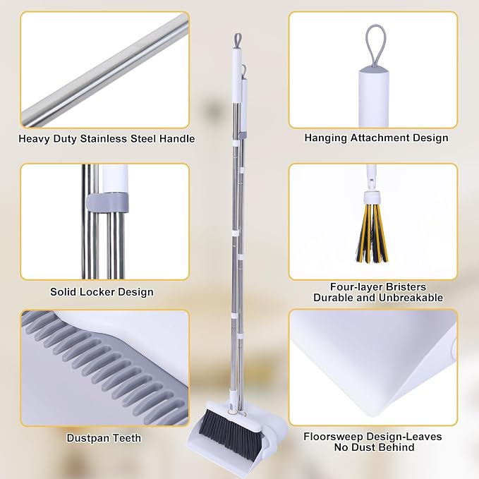 Heavy Duty Broom and Standing Dustpan Combo Set, Rotatable Head Dust Pan and - Image 4