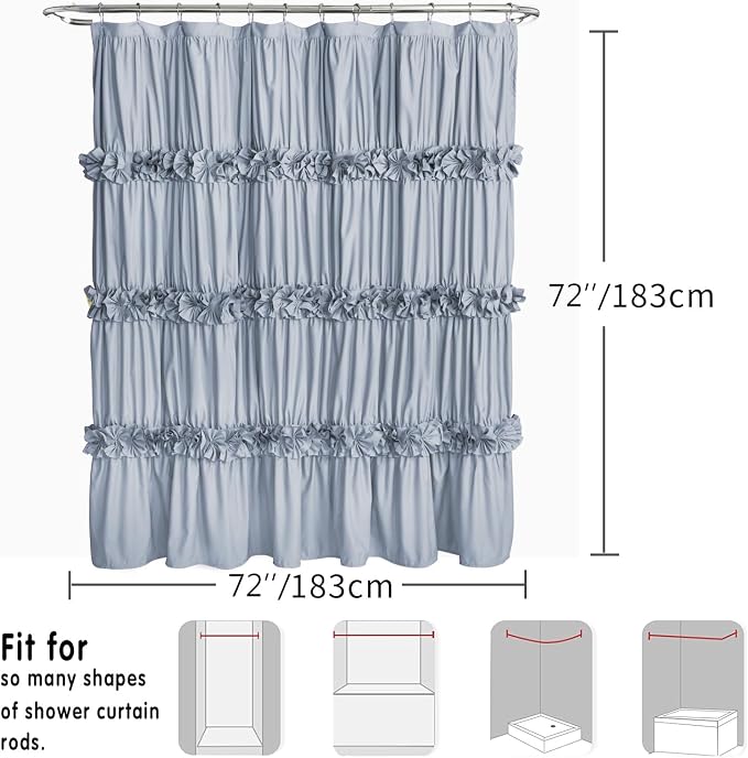 Fog Blue Ruffle Shower Curtain, Vintage Handcrafted Bow Tie Bath Curtain - Image 6