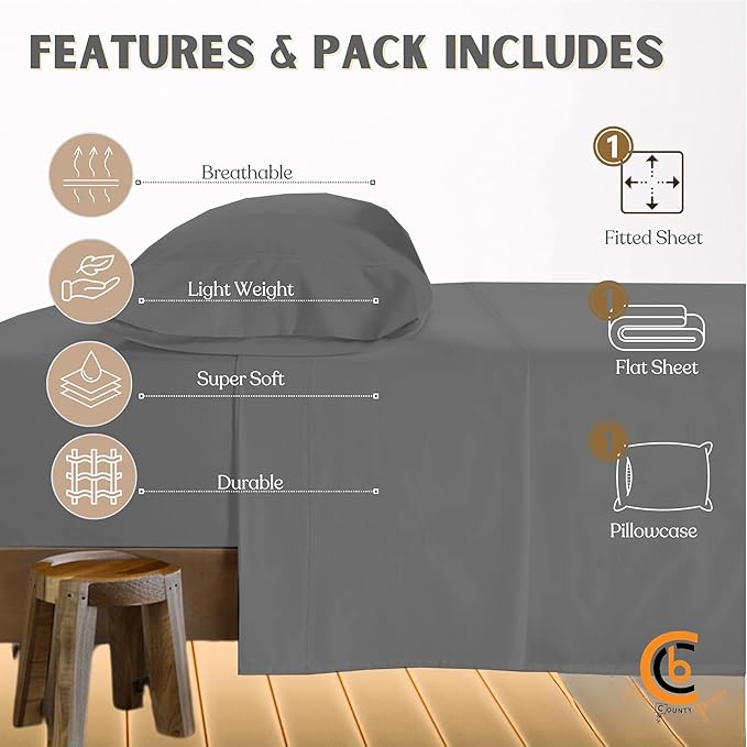 Camping Cot Sheets 25" x 75" - 3 Piece Cot Sheet Set for Bunk Bed - fits upto 9" Deep Mattress, Perfect for Narrow Twin, Camping Cot, RV Bunk, Guest Beds, Trifold Mattress - Dark Grey