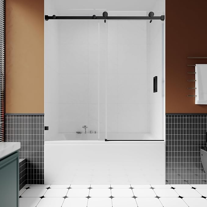 3/8" Sliding Glass Shower Door for Bathtub, 56-60" W x 66" H Frameless Bathroom by UNIKOOSHOWERDOOR