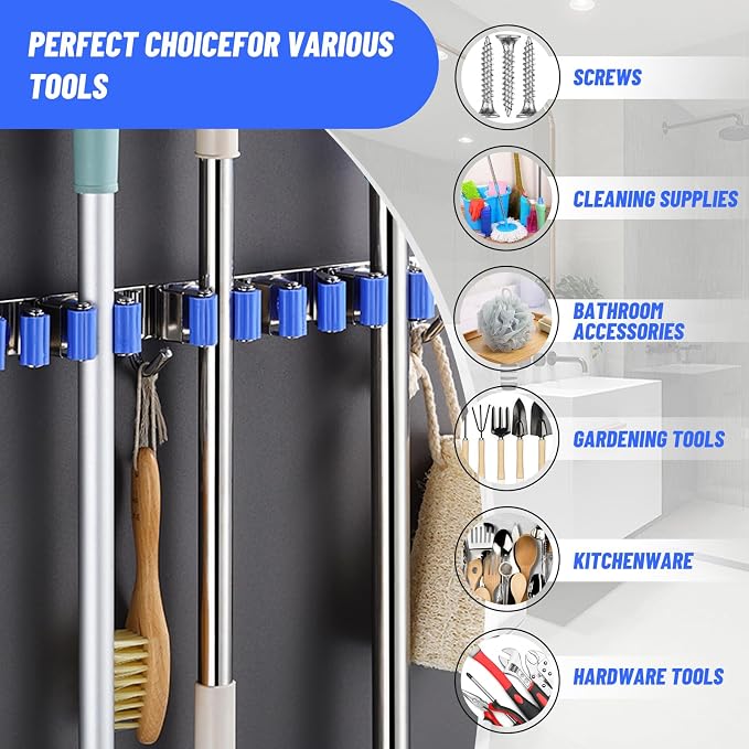 BigKing Mop Broom Holder Wall Mounted, 6 Racks 3 Hooks Heavy Duty Stainless - Image 4