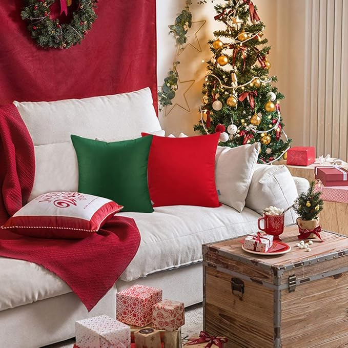 4-Pack 100% Cotton Comfortable Solid Decorative Throw Pillow Case Square Cushion Cover Pillowcase Sublimation Blank Pillow Covers(Cover Only,No Insert)(20x20inch/50x50cm, Christmas Green)