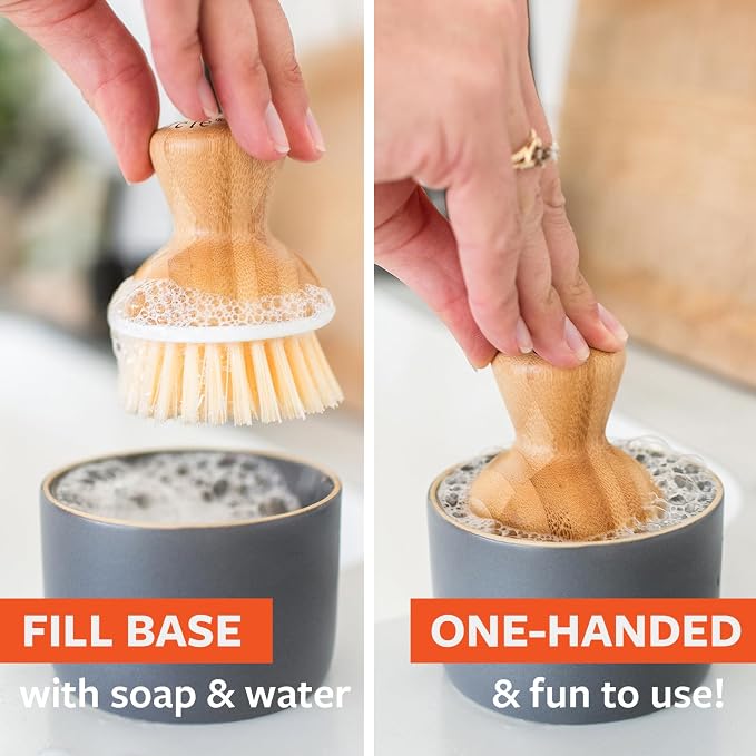 Full Circle Bubble Up Bamboo Dish Brush & Ceramic Soap Dispenser – Family Safe - Image 4