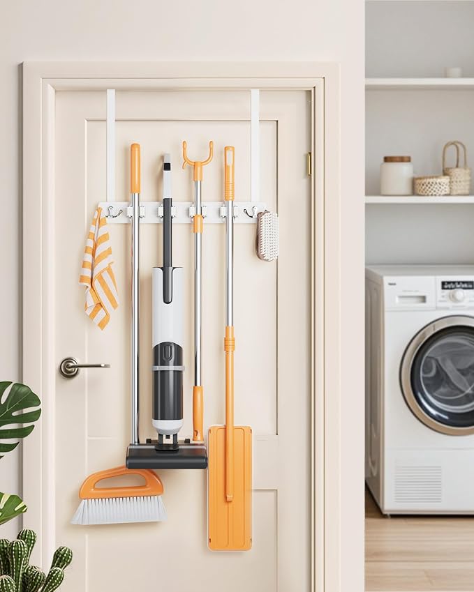 Mop and Broom Holder Wall Mount, No Drill Over the Door Broom and Mop Holder - Image 2
