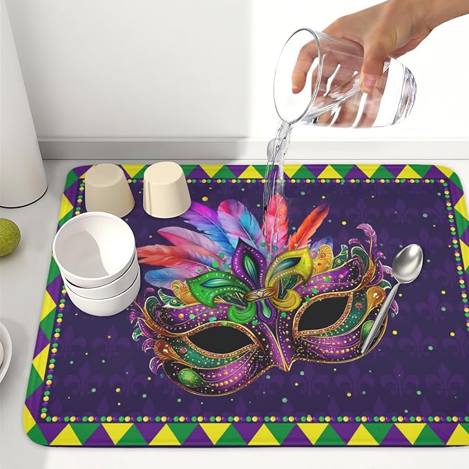 Mardi Gras Dish Drying Mat for Kitchen Counter Masquerade Mask Feather Drying - Image 6
