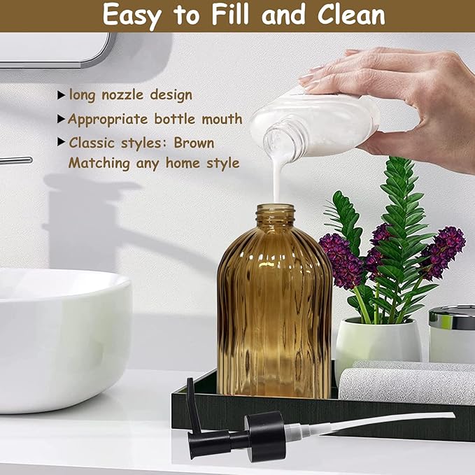 Black Pump Glass Soap Dispenser, 13.5oz Brown Stripe Countertop Refillable - Image 4