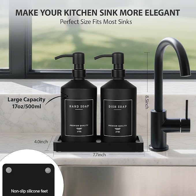 Matte Black Soap Dispenser Set, 17 OZ Hand and Dish Soap Dispenser Set - Image 2
