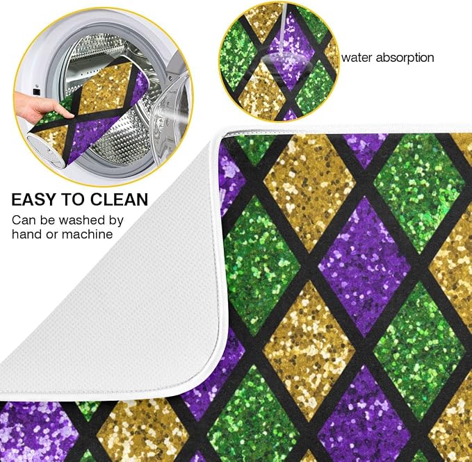 Mardi Gras Dish Drying Mat for Kitchen Gold Purple Green Buffalo Plaid - Image 2