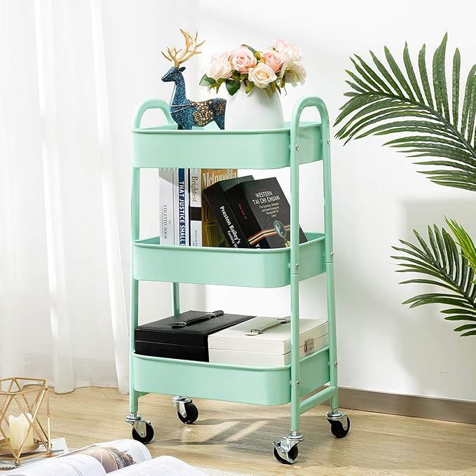 AGTEK Makeup Cart, Movable Rolling Organizer Cart, Macaron Blue 3 Tier Metal - Image 2
