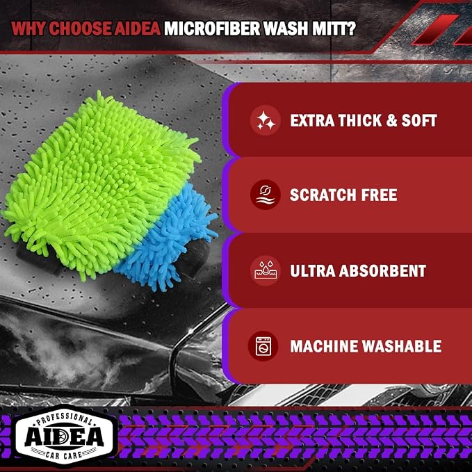 AIDEA Car Wash Mitt Microfiber, 2PK Scratch Free Lint-Free, Premium Chenille - Image 3