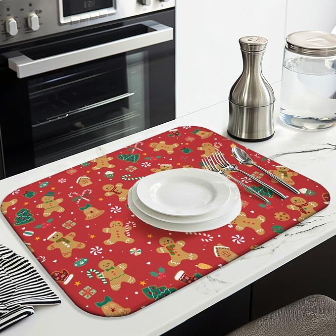 Christmas Kitchen Countertop Dish Drying Mat, Washable Absorbent Countertop - Image 3