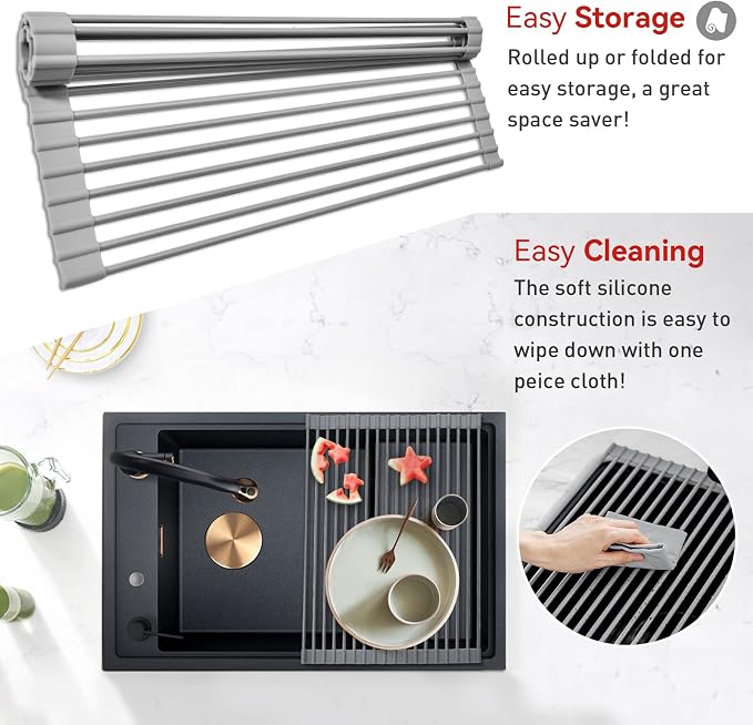 MERRYBOX Roll Up Over The Sink Dish Drying Rack Silicone Wrapped Foldable - Image 6