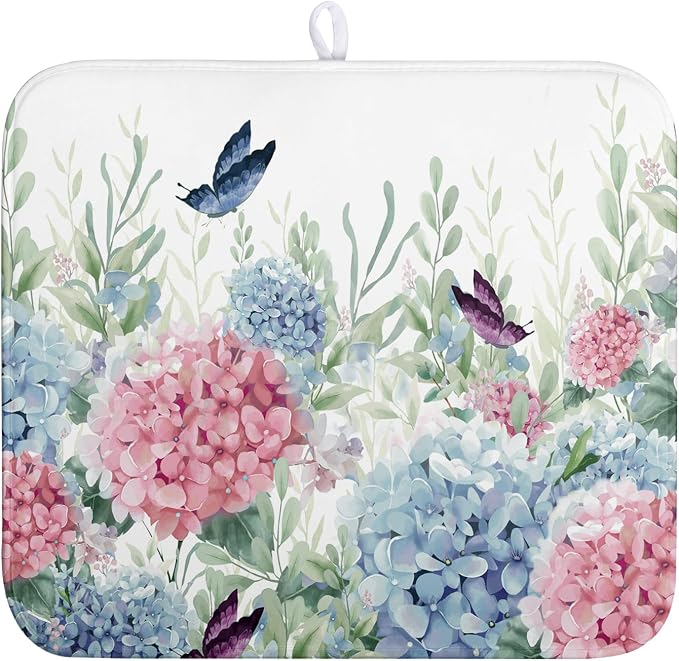 Spring Flowers Dish Drying Mat for Kitchen Counter Blue Pink Hydrangea Floral by Wnoesat