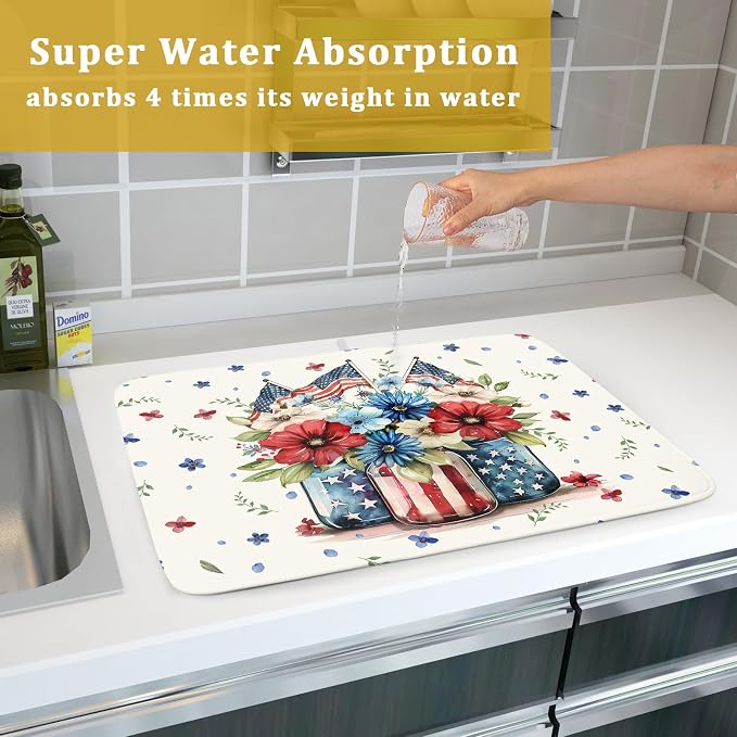 Giwawa American Patriotic Floral Dish Drying Mat Flower Vase Drainer Rack Mats - Image 7