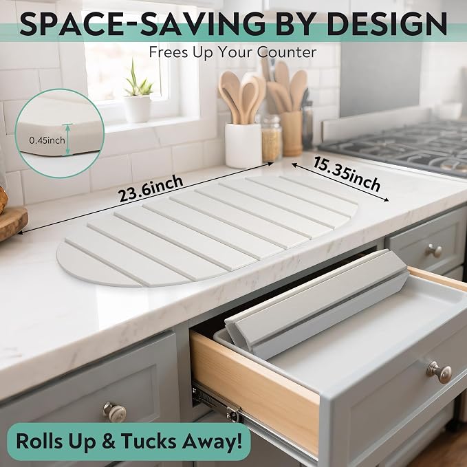 Large Stone Drying Mat for Kitchen Counter, 24x16 Foldable Self Stone Dish - Image 2