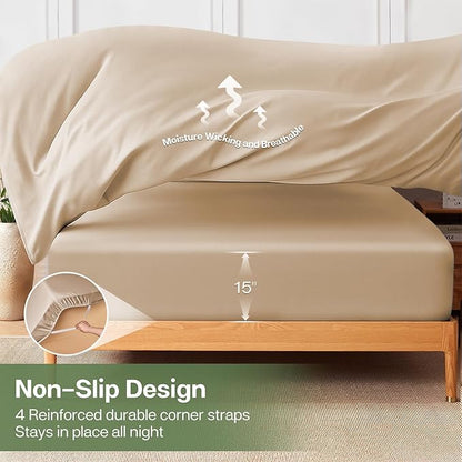 MR&HM Full Fitted Sheet Only, Ultra-Soft Rayon Derived from Bamboo & Polyester Blend, Silky & Breathable, 15" Deep Pocket with Elastic Straps, Cooling Fitted Sheet for Hot Sleepers, Beige