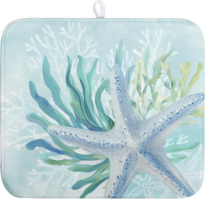 Summer Coastal Dish Drying Mat for Kitchen Counter Nautical Beach Starfish by Wnoesat
