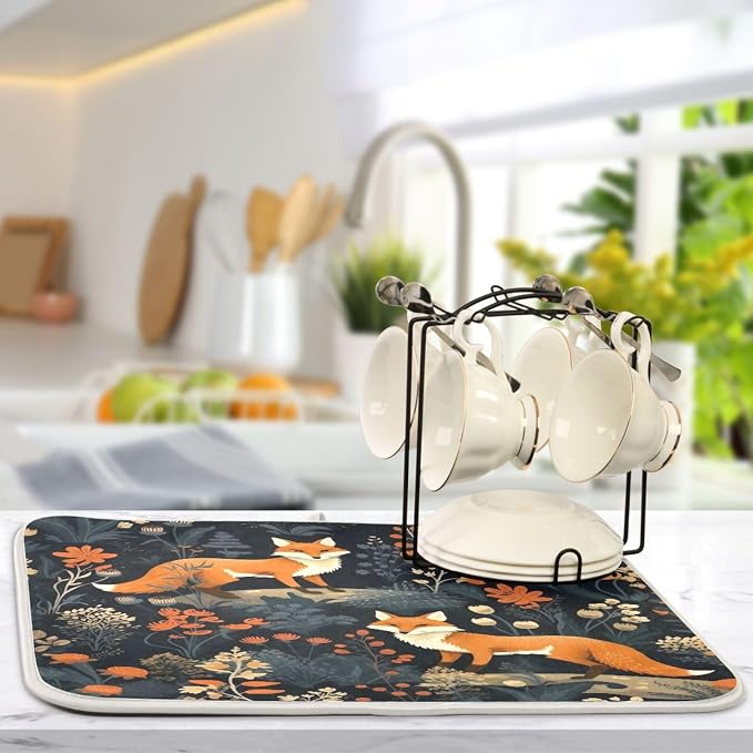 Dish Drying Mat Kitchen Counter Absorbent Two Foxes Coffee Sink Mat Dish - Image 5