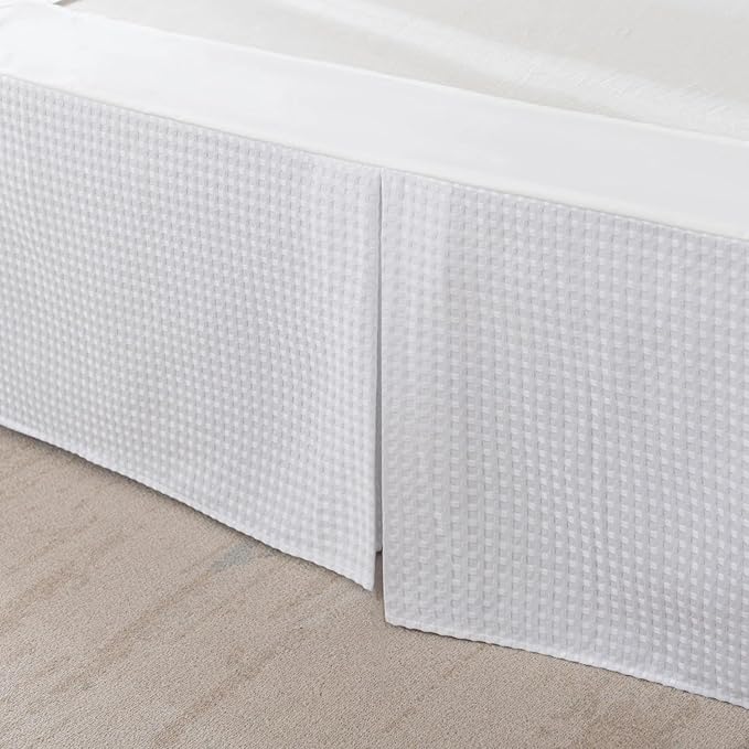 Twin Bed Skirt, Wrap Around Bed Skirt with Pleated Corner, 18 Inch Drop Pleated Waffle Weave Bedskirts, Anti-Slip, Microfiber, White, 18'' Twin