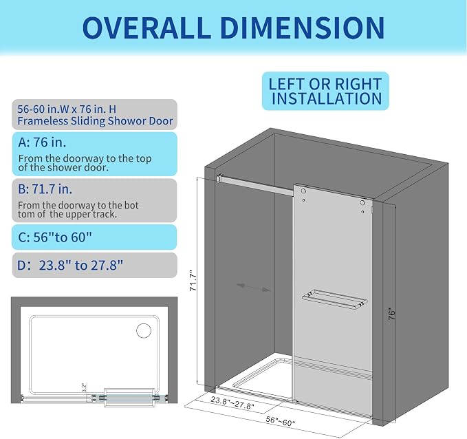 56-60 in. W x 76 in. H Double Sliding Frameless Shower Door, 5/16" Tempered - Image 3