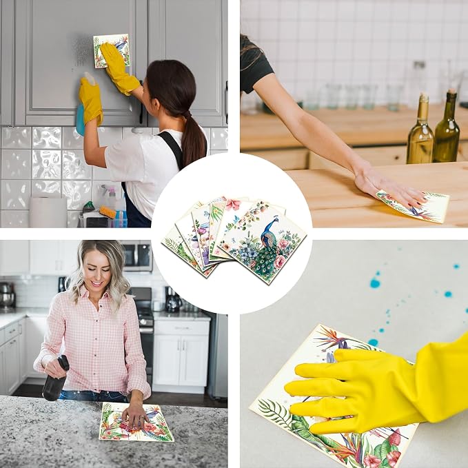 Reusable Swedish Dishcloths for Kitchen, 6 Pack Birds Flowers Butterfly - Image 4