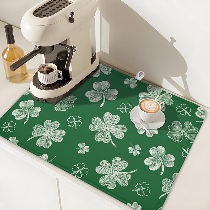 St Patrick's Day Dish Drying Mat 18 x 24 Inch Green Shamrock Dish Drainer Rack - Image 7