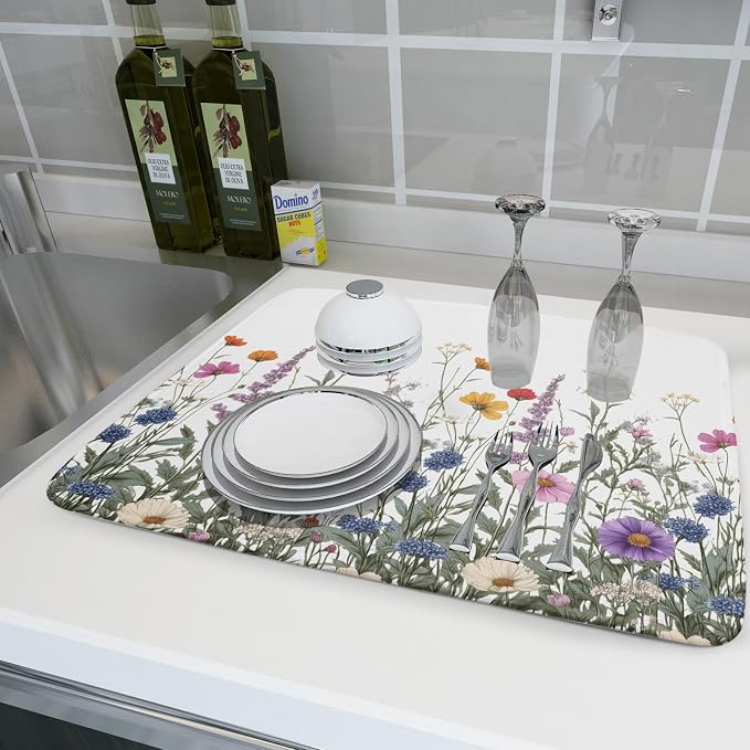 Giwawa Flower Herbs Dish Drying Mat Botanical Plant Dishes Drainer Mat 18x24 - Image 6
