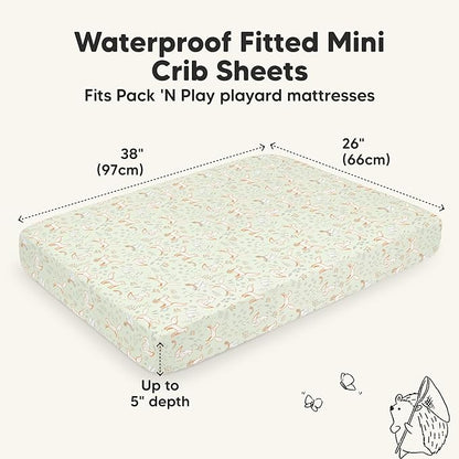 2-Pack Waterproof Pack and Play Sheets, Mini Crib Sheets Fitted for Boy, Girl - 38 x 26 Viscose from Bamboo Pack N Play Mattress Sheets for Graco, Toddler Playard Baby Crib Sheets Neutral (Foxtrot)